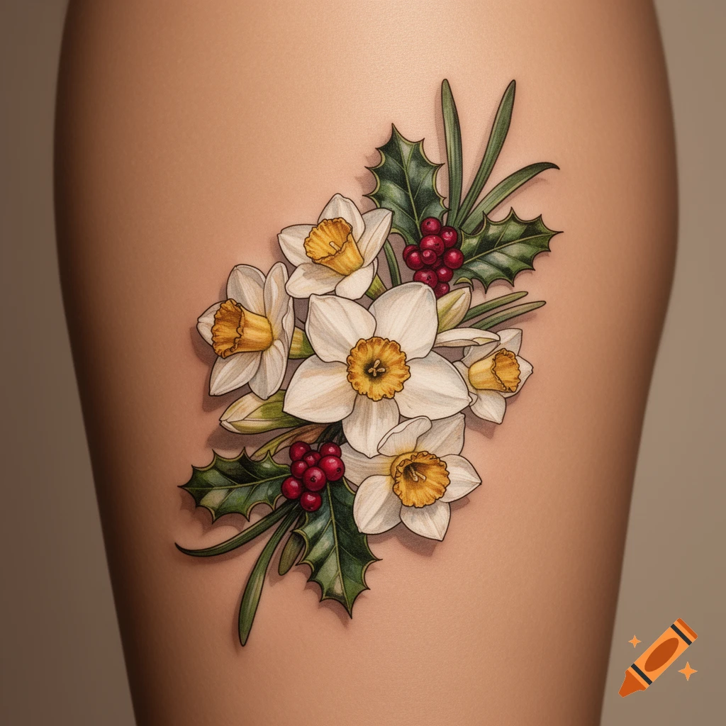 Detailed tattoo of white narcissus flowers, green holly leaves, and red berries on a person's thigh.