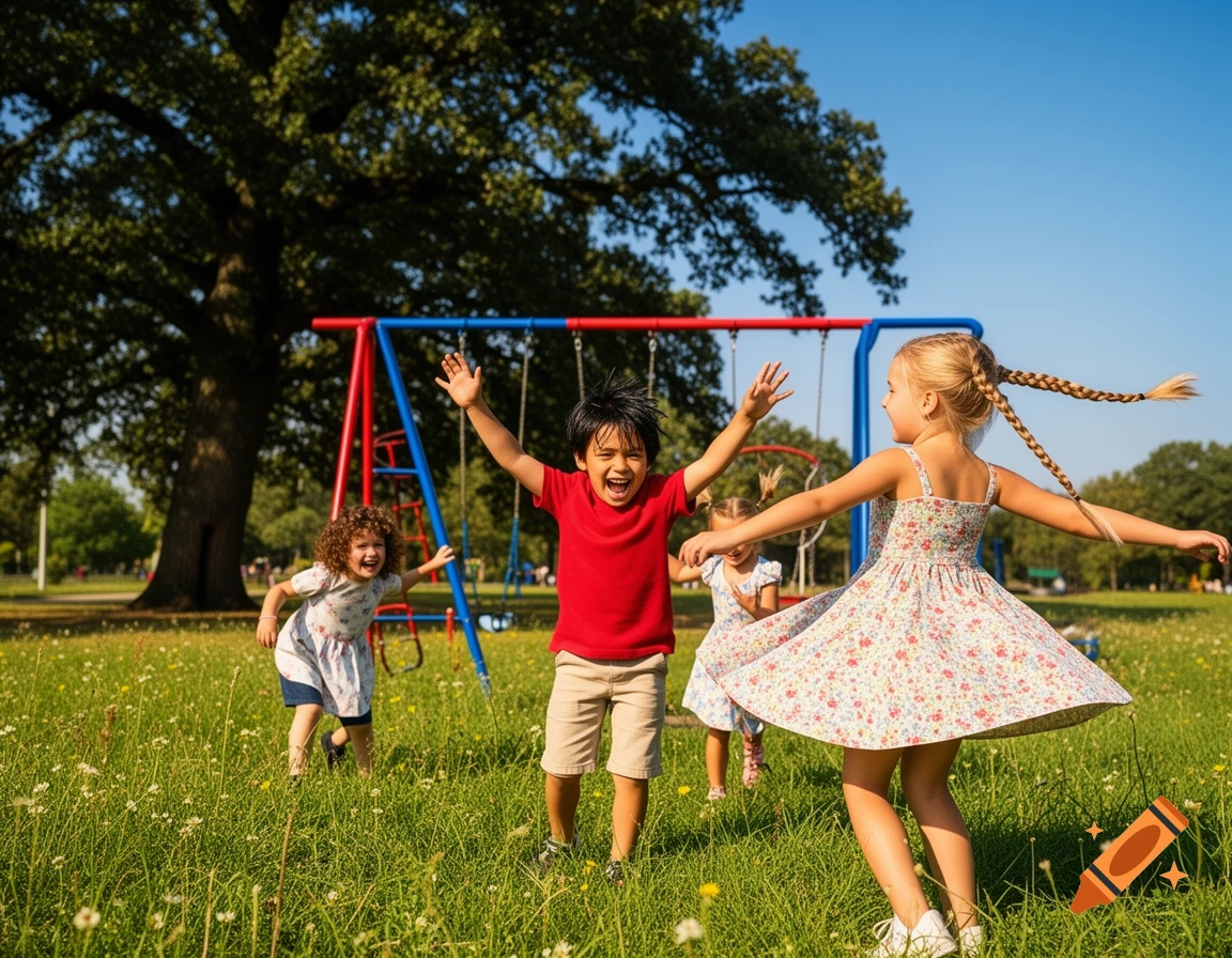 Happy children play and run in a sunny green park with a red and blue playground.