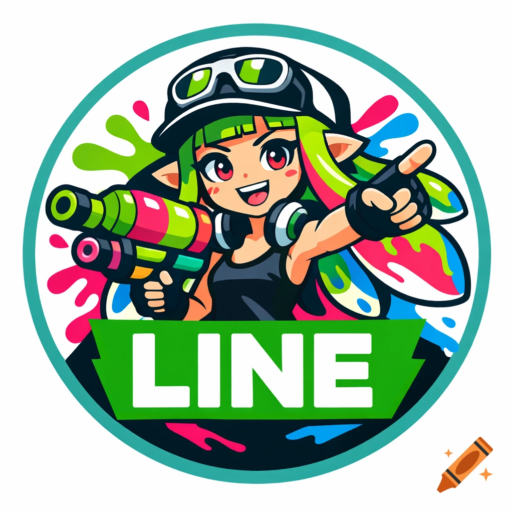 Anime-style Splatoon character with green hair, goggles, and water gun, pointing, with 'LINE' text in a circular logo.