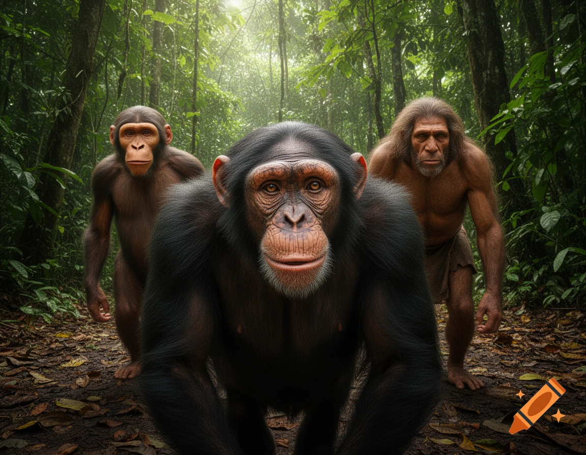 A photorealistic depiction of a chimpanzee, a smaller ape, and a Neanderthal-like human in a vibrant jungle setting.