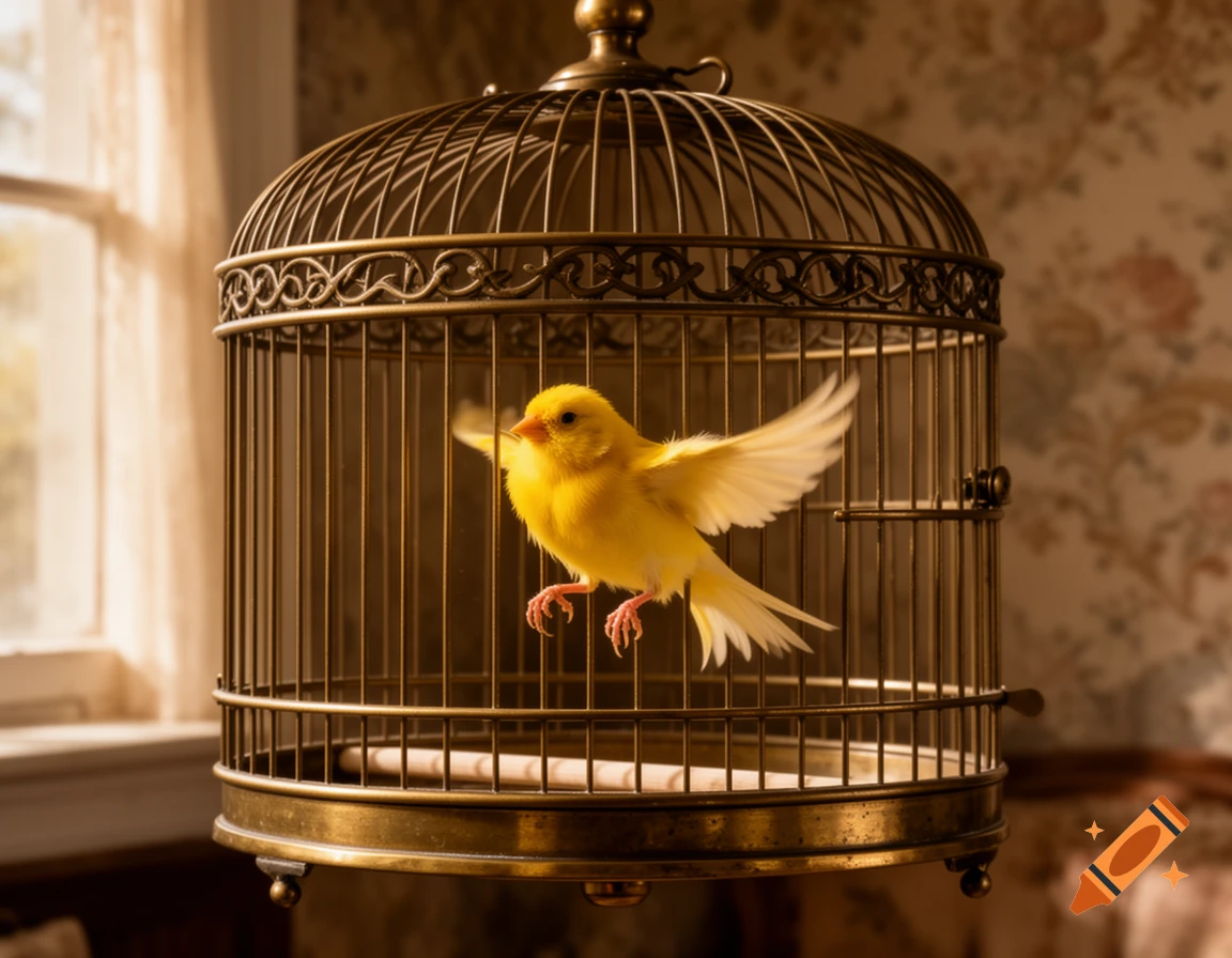 A bright yellow bird with outstretched wings inside a brass birdcage in a sunlit room.