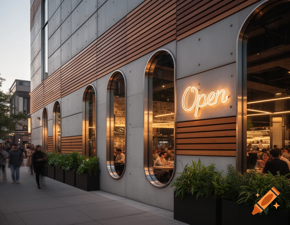 Modern restaurant facade with concrete and wood, oval windows, an 'Open' neon sign, and pedestrians walking by.