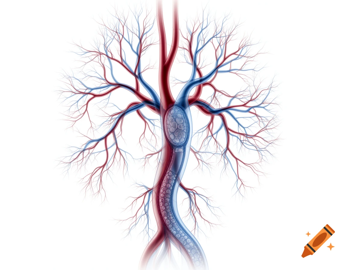 Stylized medical illustration of a vascular system with arteries and veins branching, showing an aneurysm and plaque.