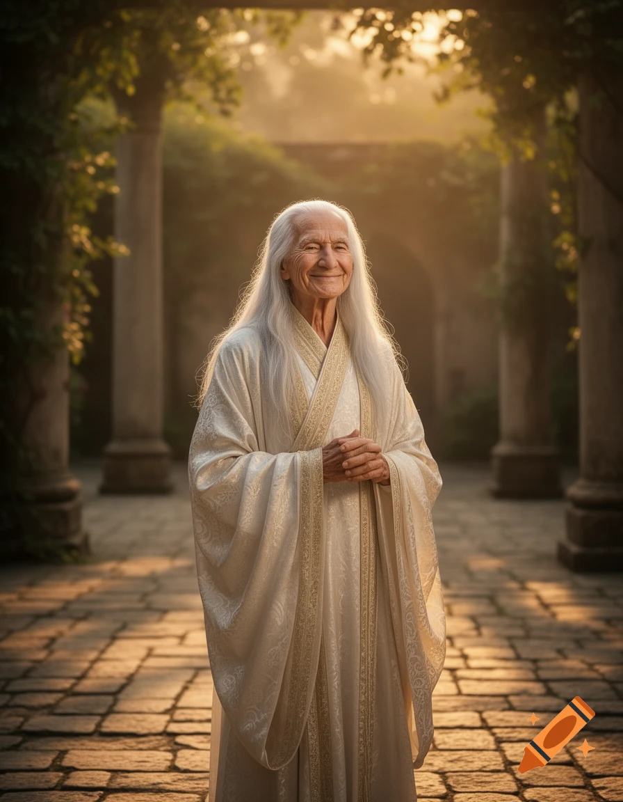 A smiling elderly person with long white hair and flowing white robes stands in a sunlit ancient courtyard.