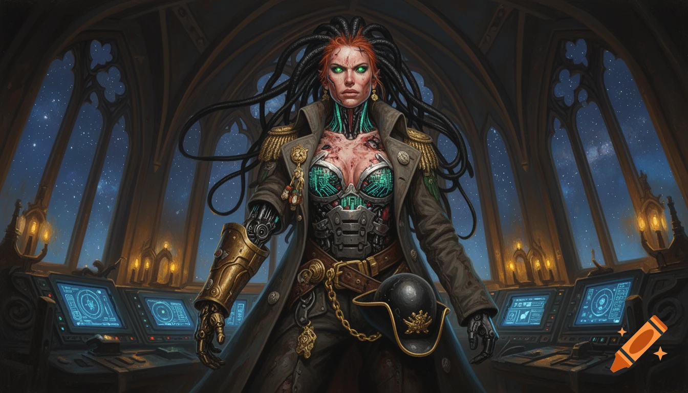 A fierce red-haired female cyborg ship captain with data cables for hair, bionics, and a naval coat, stands on a gothic warship bridge overlooking a star-filled void. Sci-fi digital art.
