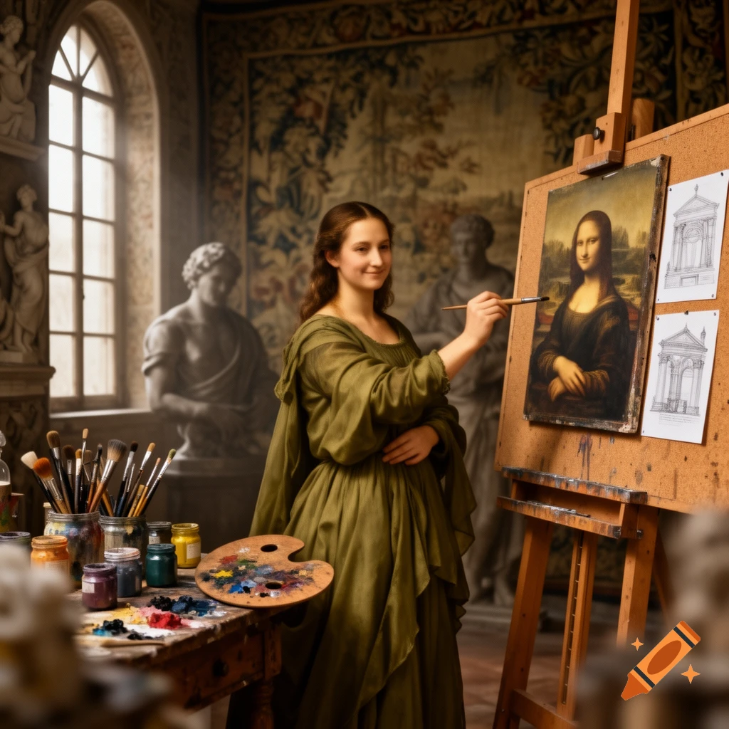 A young woman in a green gown paints a Mona Lisa replica in a classical art studio with brushes, paints, and statues.