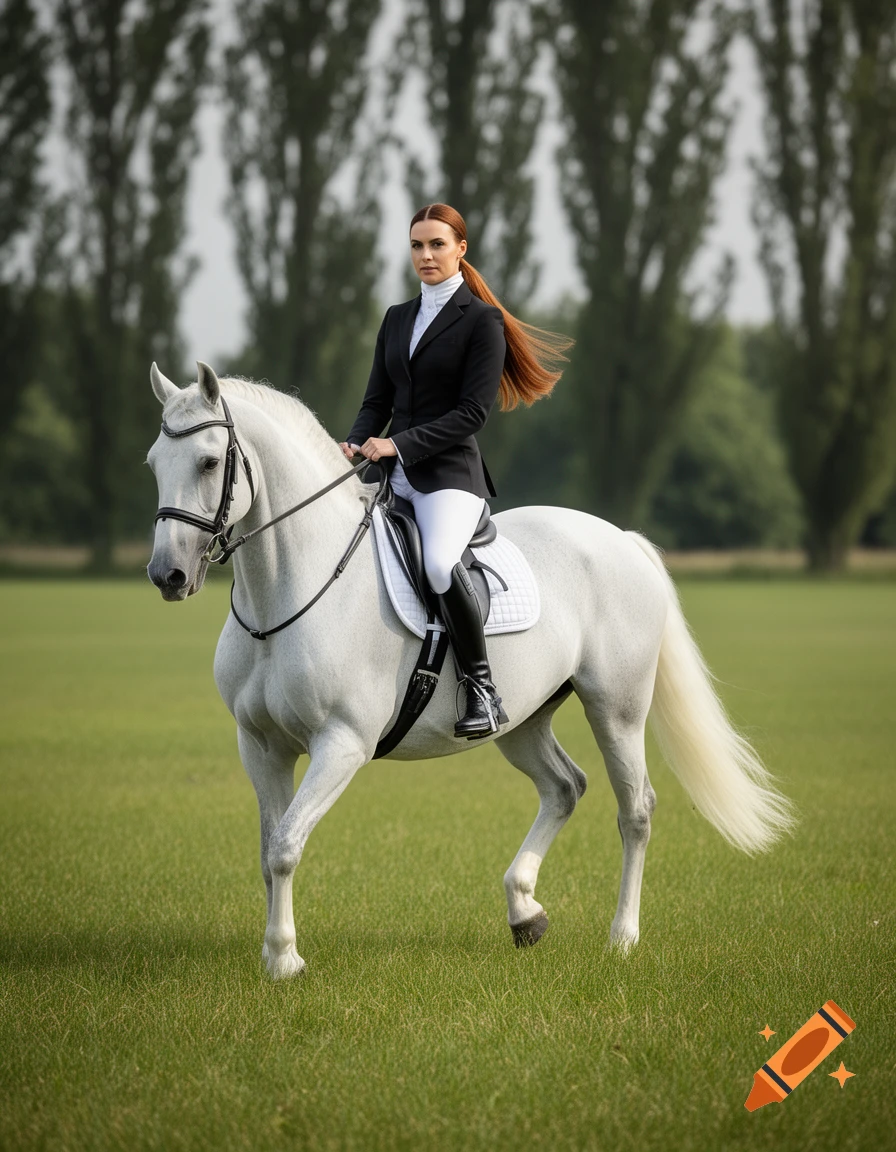A woman with a reddish-brown ponytail in black riding attire and white breeches rides a white horse across a green field.