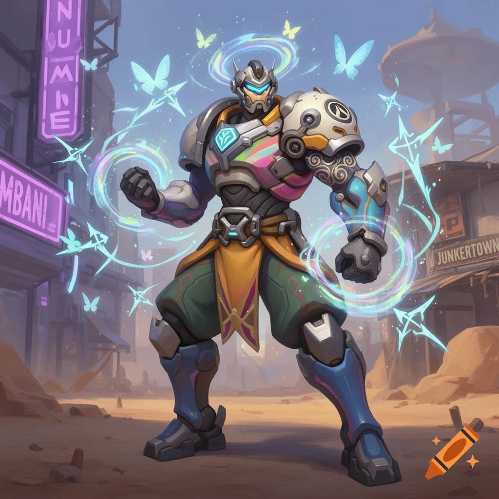 An Overwatch-style armored robot character with colorful accents and glowing energy stands in a desert town with neon signs.