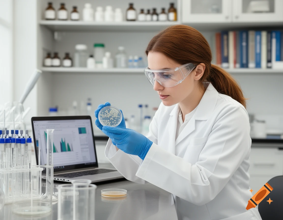 A female biologist in safety goggles and a lab coat examines a petri dish in a laboratory.
