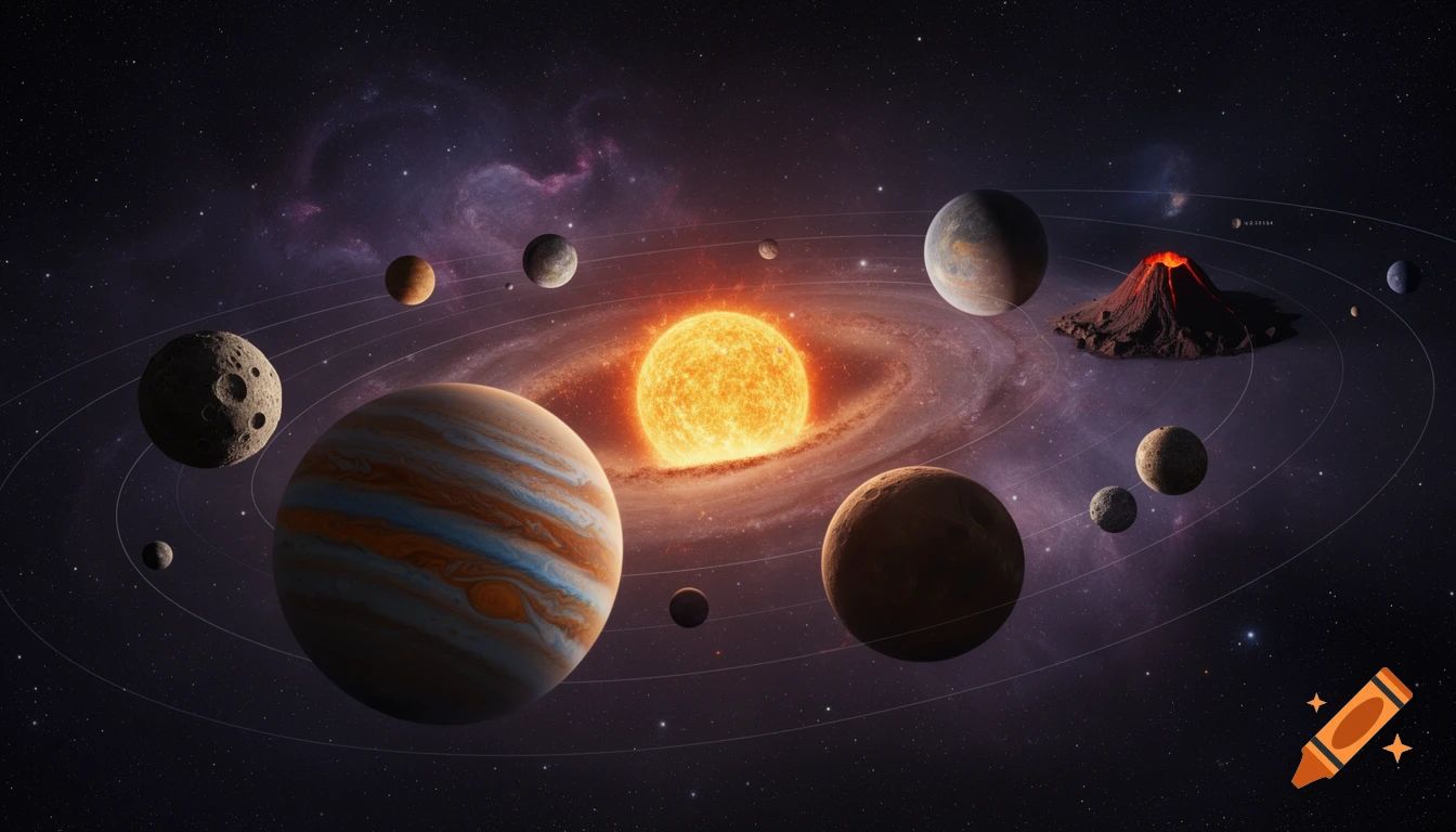 A bright yellow star in the center of a planetary system with many diverse planets, including one with a volcano, orbited in a star-filled nebula.