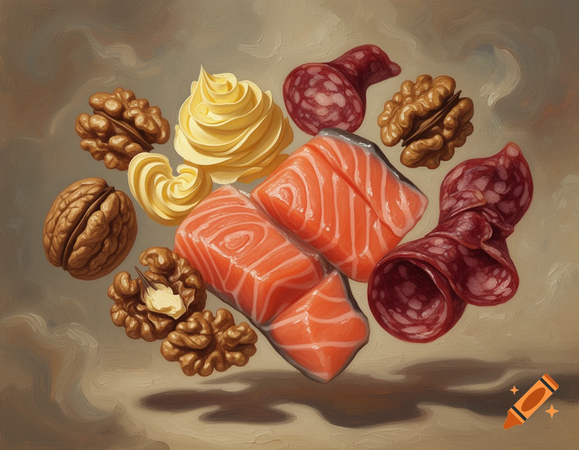 Oil painting of raw salmon fillets, walnuts, swirls of butter, and cured sausage slices floating on a beige background.