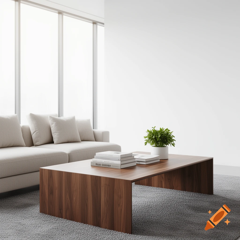 A modern, minimalist living room with a light gray sofa and a dark wood coffee table with books and a small plant.