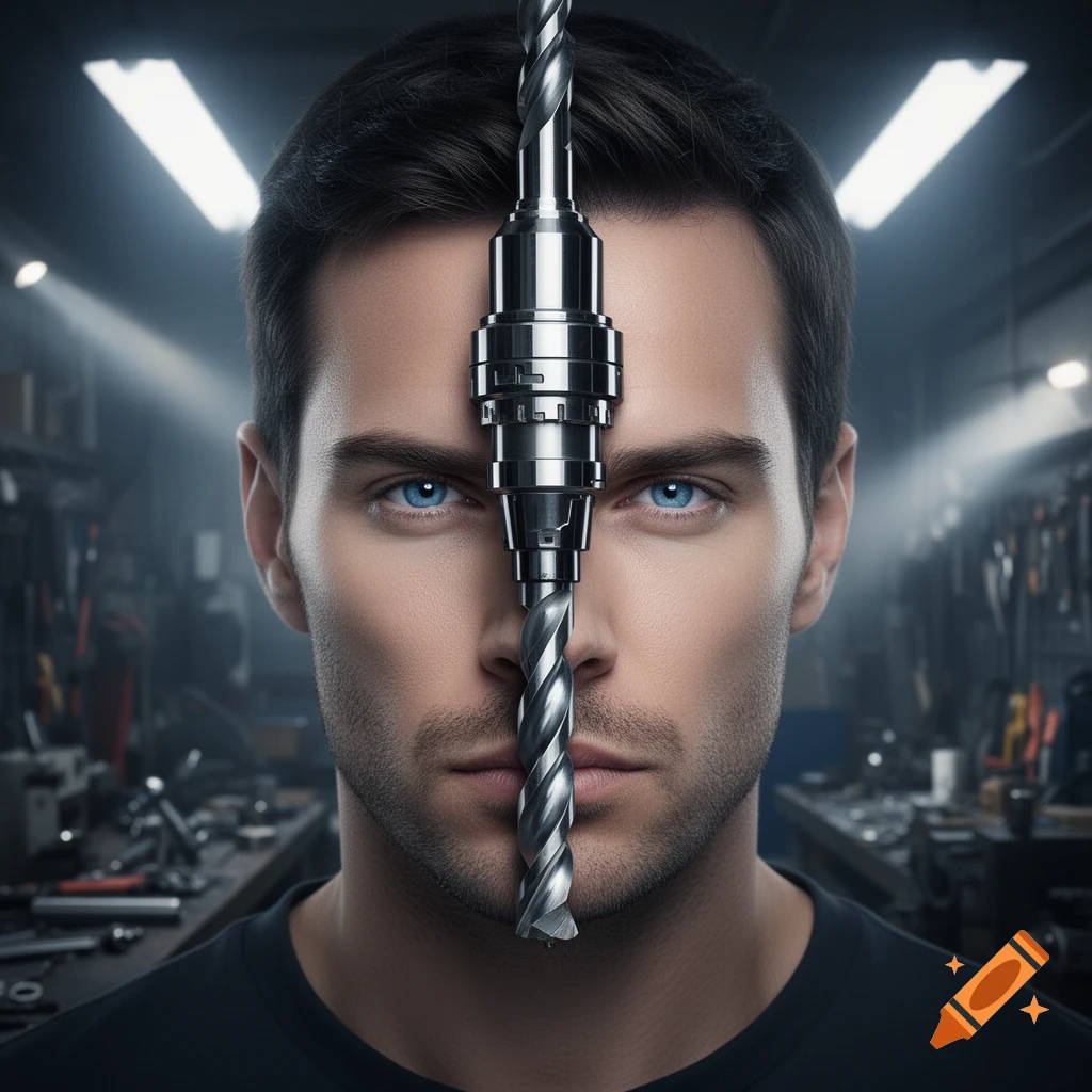 Photorealistic portrait of a man with a metal drill bit superimposed vertically over his face, in a blurry workshop background.