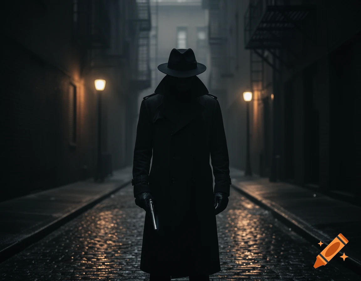A mysterious figure in a trench coat and fedora holds a pistol, standing on a wet cobblestone alley street at night in a film noir style.