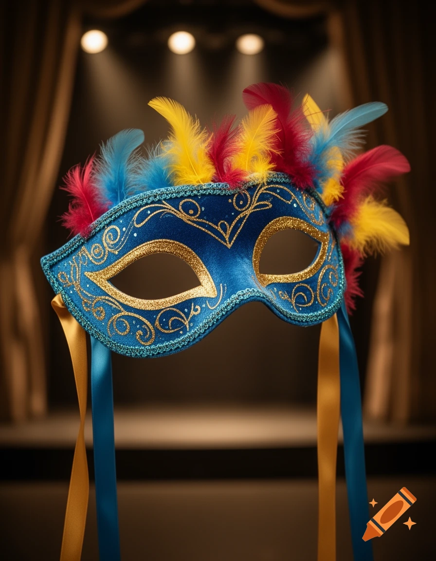 A vibrant blue and gold Venetian-style mask adorned with red, yellow, and blue feathers and ribbons, set against a blurred stage backdrop.