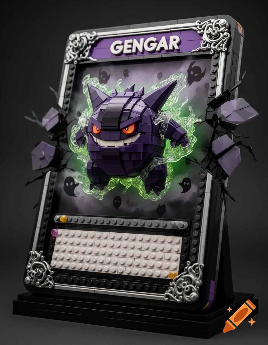 A highly detailed LEGO model of a Pokemon Gengar 'Full Art Trading Card,' with Gengar breaking out of the card.