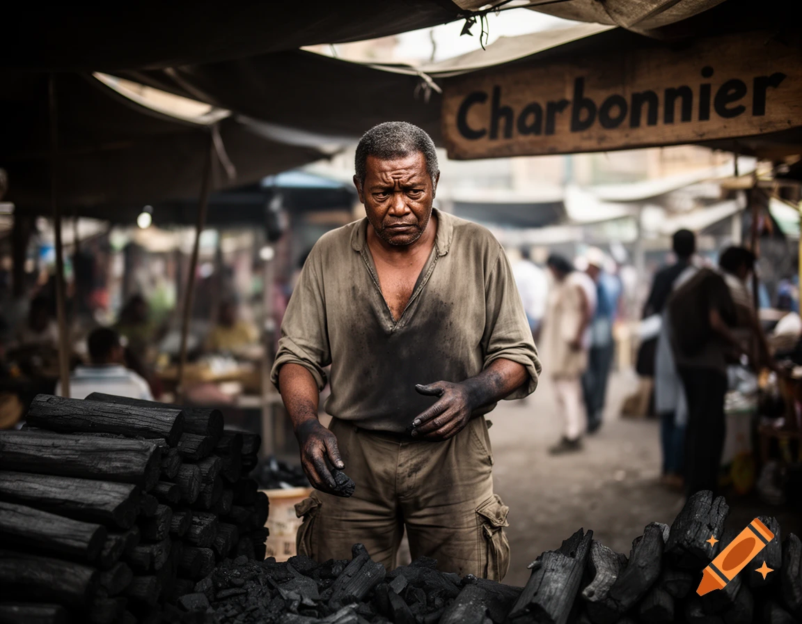 A man covered in charcoal dust stands among piles of charcoal in a bustling outdoor market.