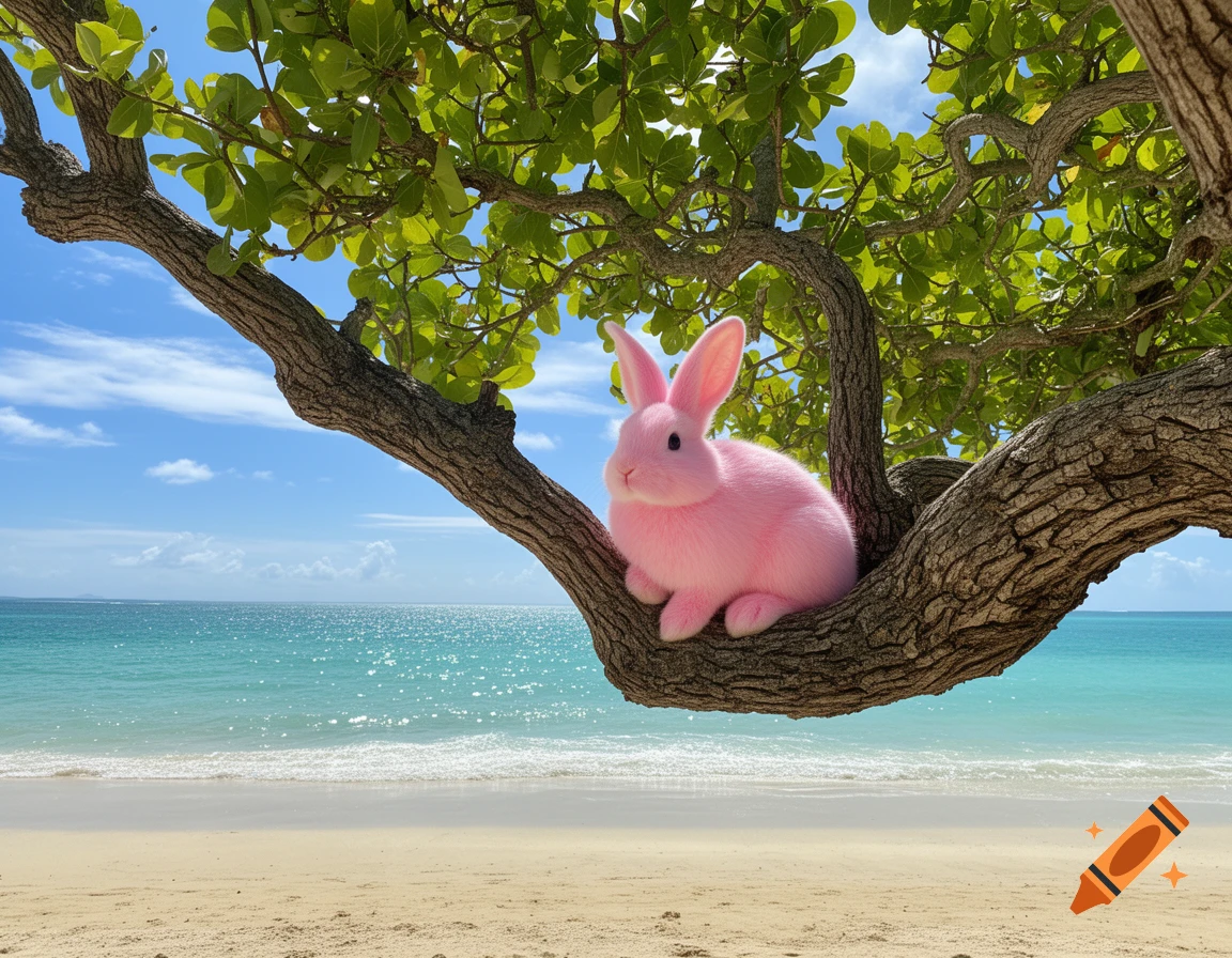 A fluffy pink rabbit sits on a gnarled tree branch overlooking a sunny ...
