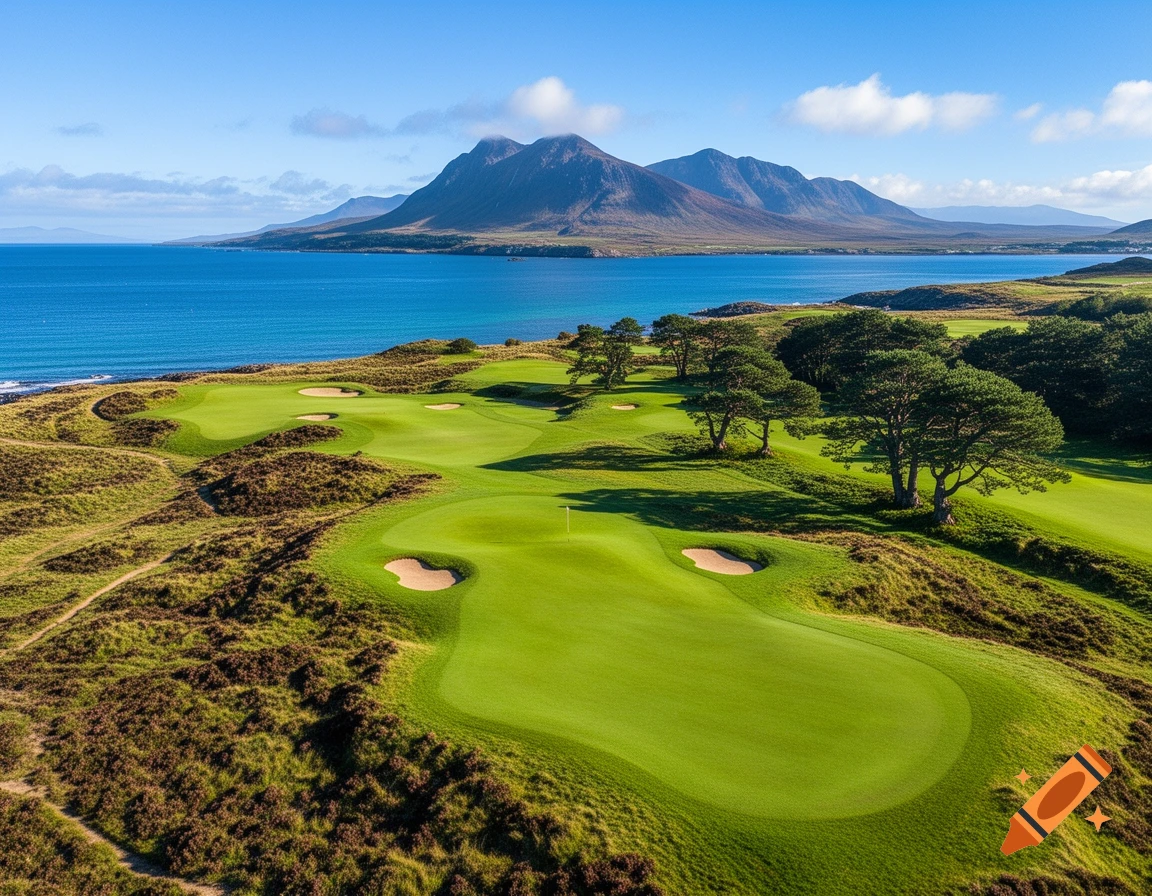Aerial view of a scenic golf course with sand traps and trees beside a blue ocean, backed by mountains under a clear sky.