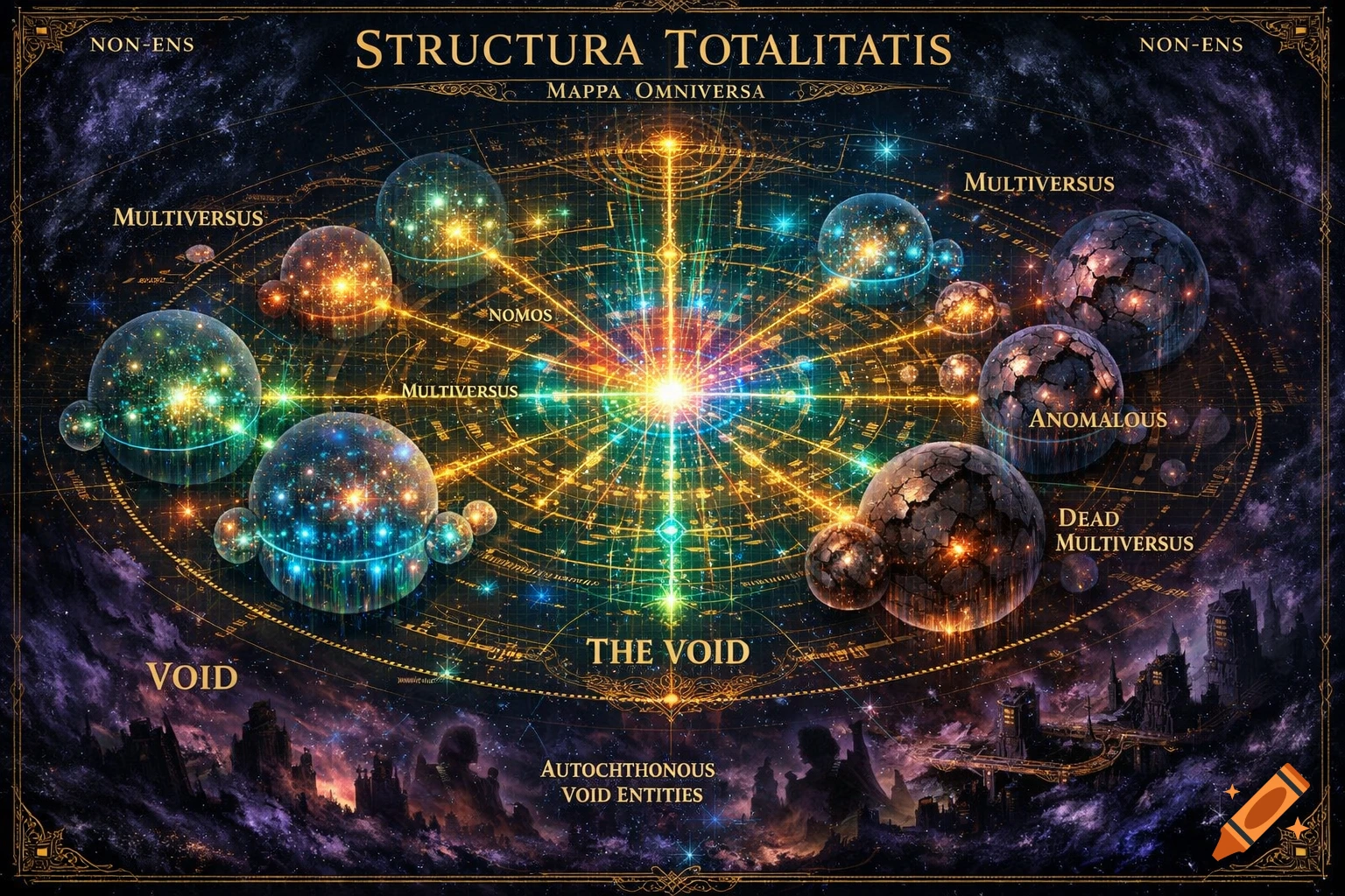 An intricate cosmic schematic map titled "STRUCTURA TOTALITATIS" with a radiant center, luminous lines, and glowing spheres representing multiverses against a dark starry background.