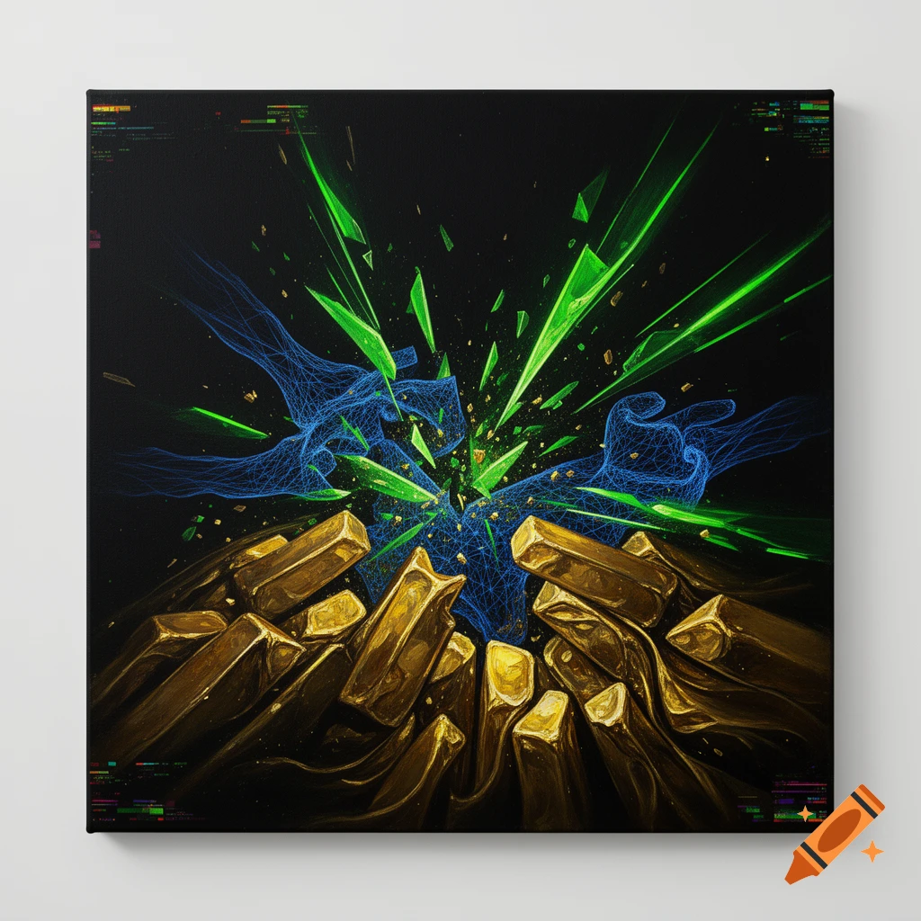 Abstract digital art featuring gleaming gold bars in the foreground, with a blue wireframe mesh and green shattered shards erupting from the center, against a deep black background, with subtle digital glitch effects on the edges.