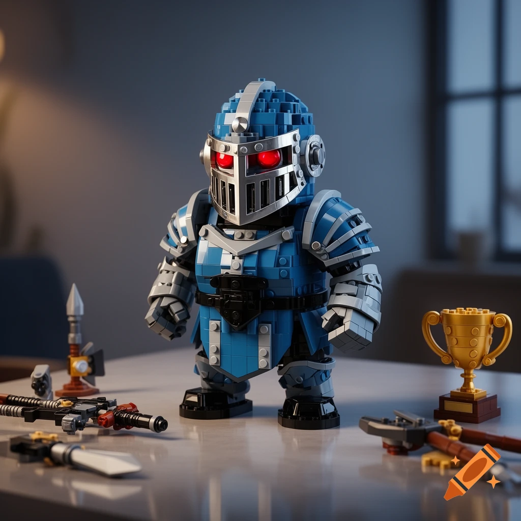 A photorealistic Lego robot knight in blue and silver armor with red eyes stands on a table next to a gold trophy and Lego weapons.