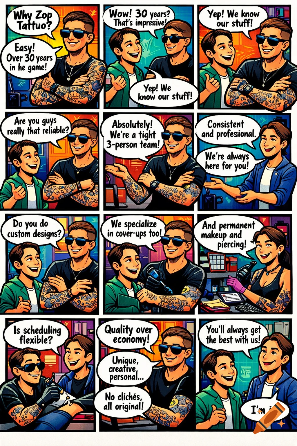 A colorful comic strip with 12 panels depicting a conversation between two men and a woman about a tattoo studio, with speech bubbles containing text.