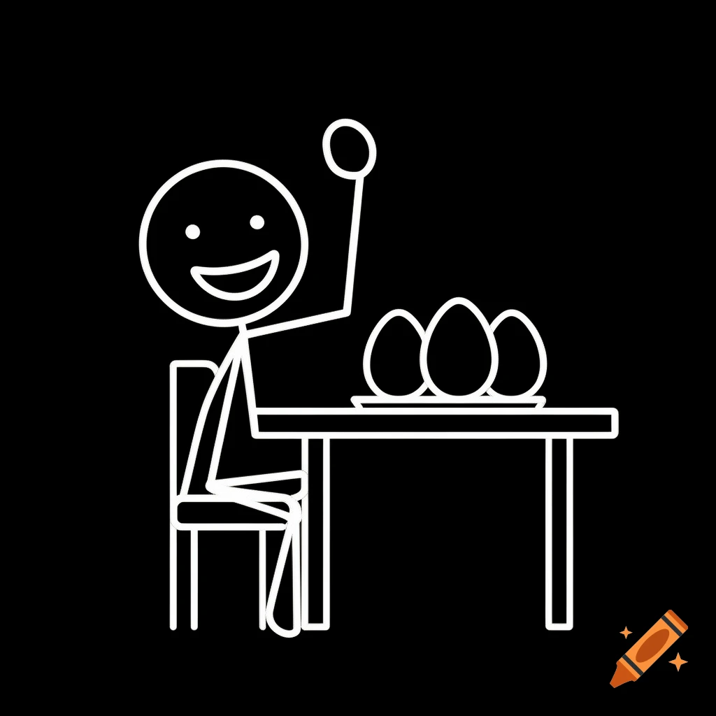 Minimalist white line art of a smiling stick figure sitting at a table with three eggs on a black background, with one arm raised.
