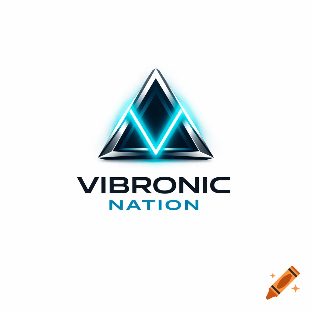 Modern minimalist vector logo for "Vibronic Nation" featuring a futuristic cyan neon triangle icon and bold sans-serif font.