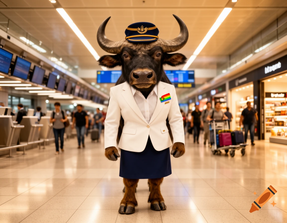 A photorealistic buffalo in a white flight attendant jacket, blue skirt, and pilot's cap, with a rainbow pin, stands in a busy airport terminal.