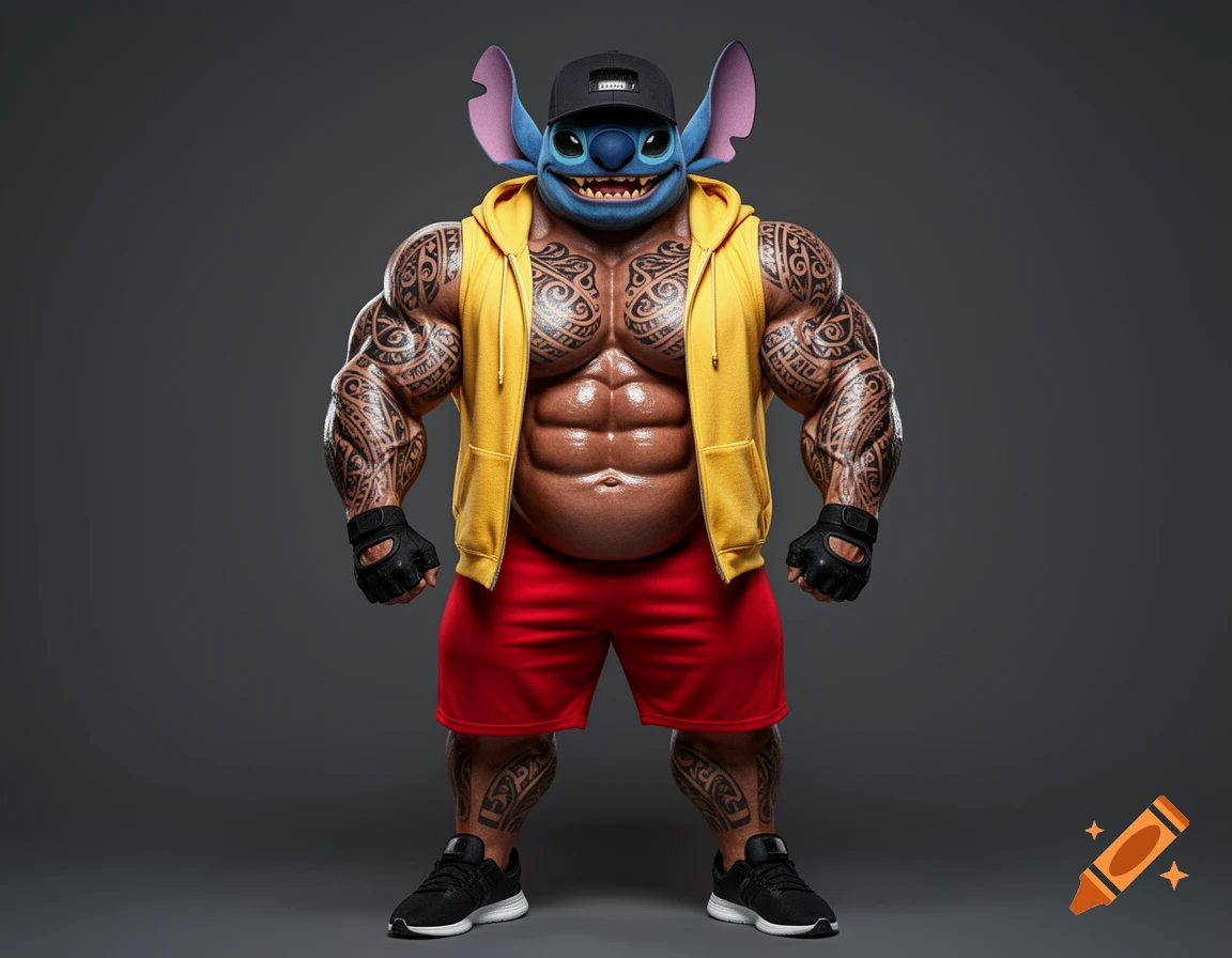 Photorealistic heavily muscled and tattooed Stitch wearing a yellow hoodie, red shorts, black cap, and gloves, standing on a grey background.