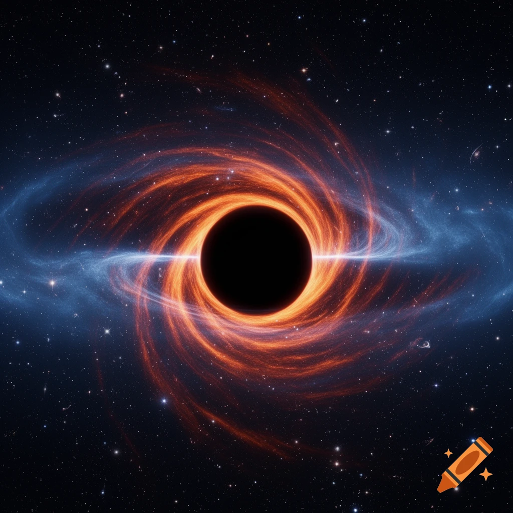 Vibrant orange and red swirling accretion disk around a black hole in a star-filled galaxy with blue nebulae.