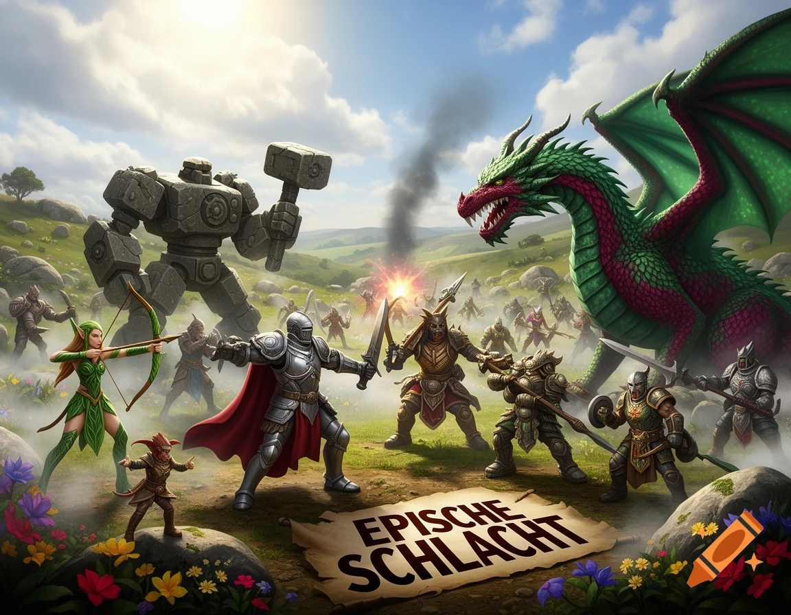 A fantasy battle scene with knights, an elf archer, a stone golem, a red and green dragon, and other warriors fighting on a grassy field under a cloudy sky.