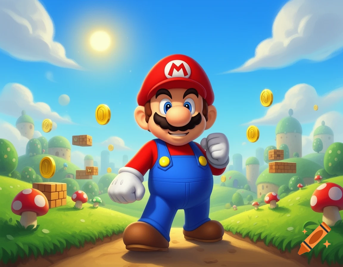 Mario stands confidently on a dirt path in a vibrant, sunny cartoon landscape with green hills, mushrooms, floating coins, and brick blocks.