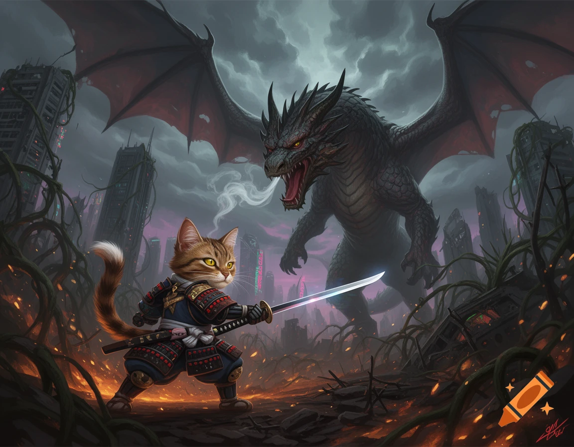 A cute samurai cat with a katana faces off against a fierce dragon in a dark, ruined city. Digital art.