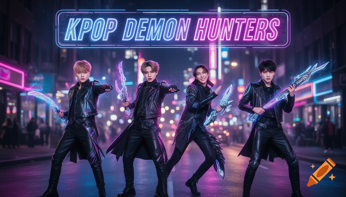 Four K-pop-style men in black leather, wielding glowing weapons on a neon-lit city street under a 'KPOP DEMON HUNTERS' sign.