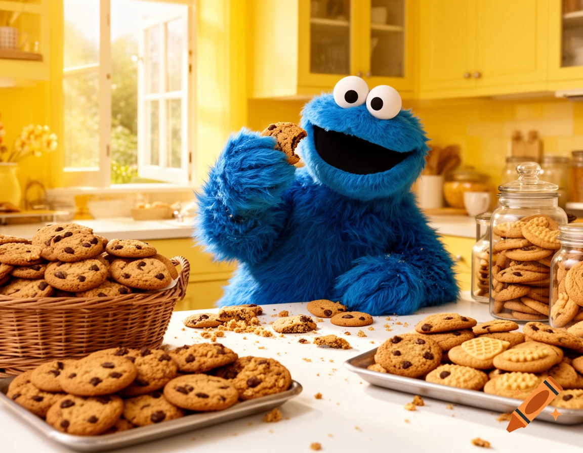 Photorealistic image of Cookie Monster happily eating a chocolate chip cookie amidst a mountain of cookies in a sunny yellow kitchen.