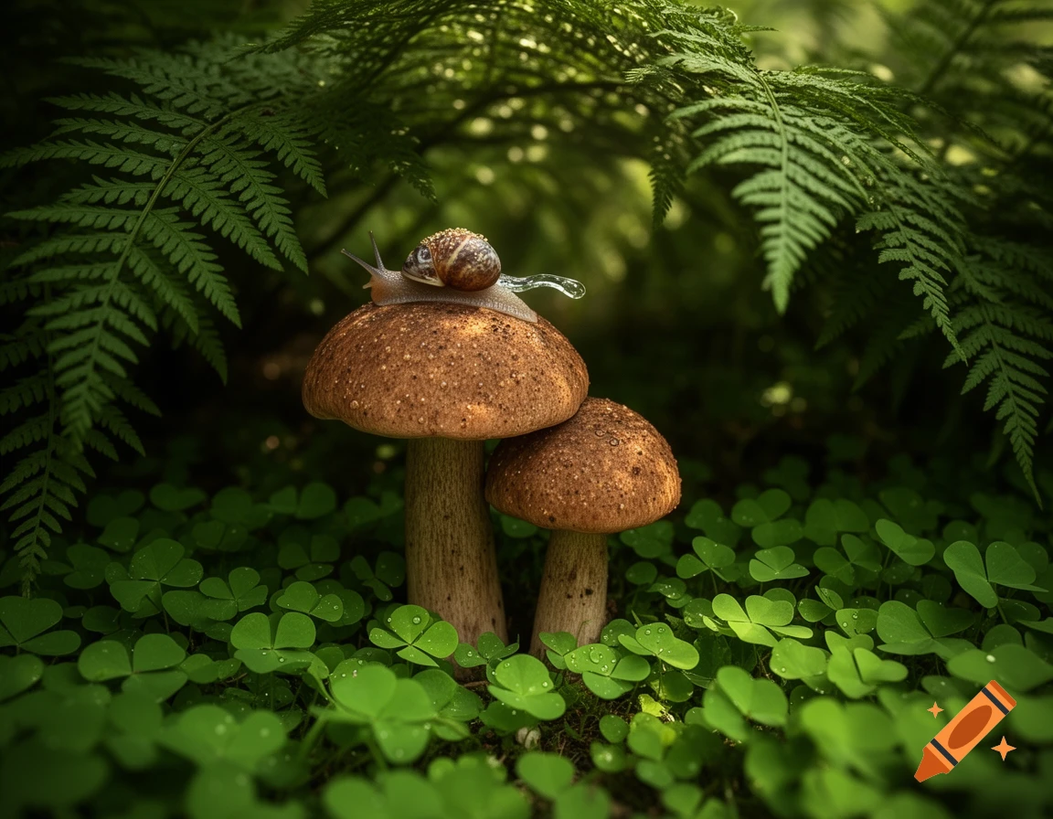 A photorealistic close-up of a snail with a shell on top of two brown mushrooms surrounded by green clovers and ferns.