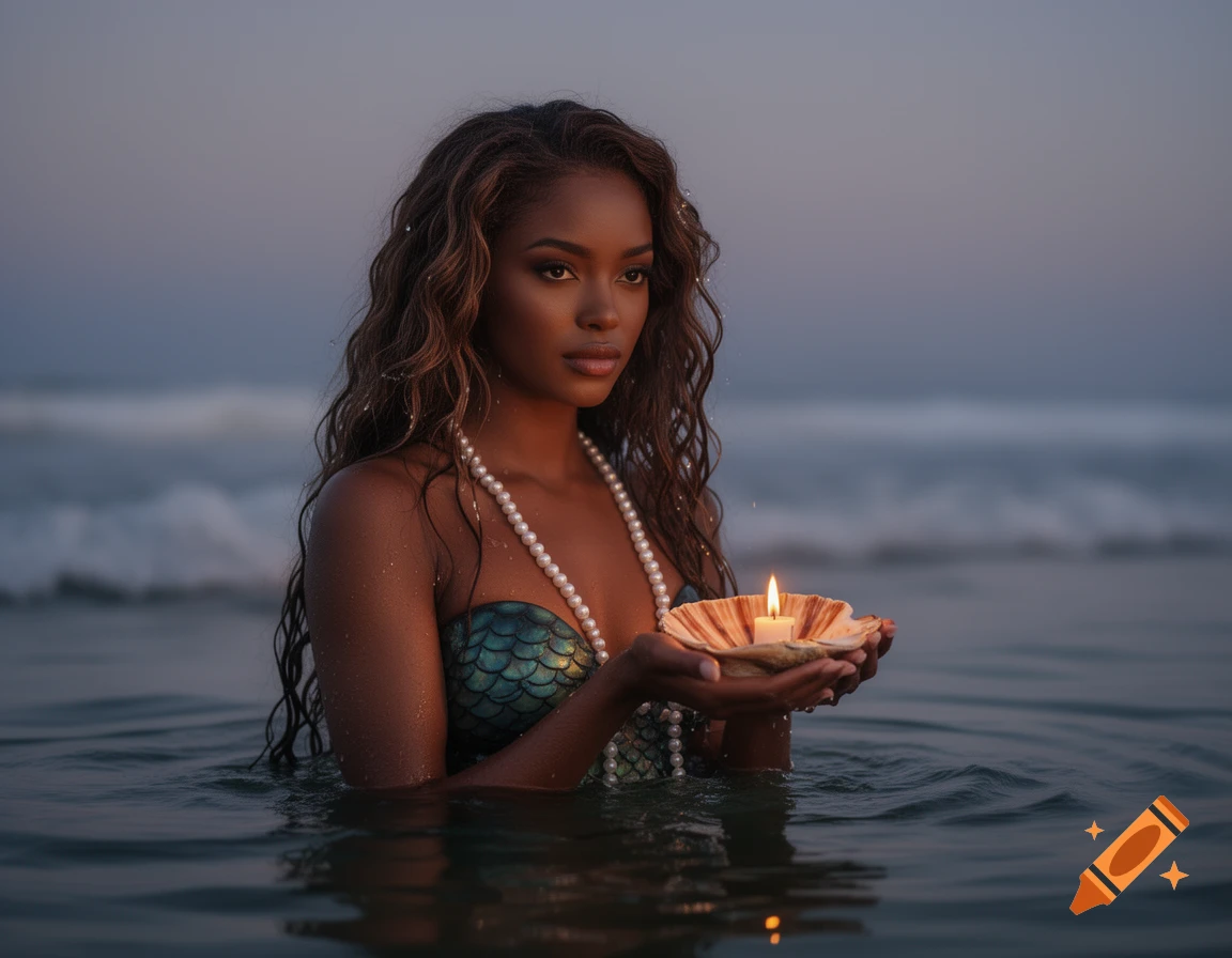 A beautiful mocha-skinned mermaid with long wavy hair in the water holds a seashell with a lit candle during twilight.