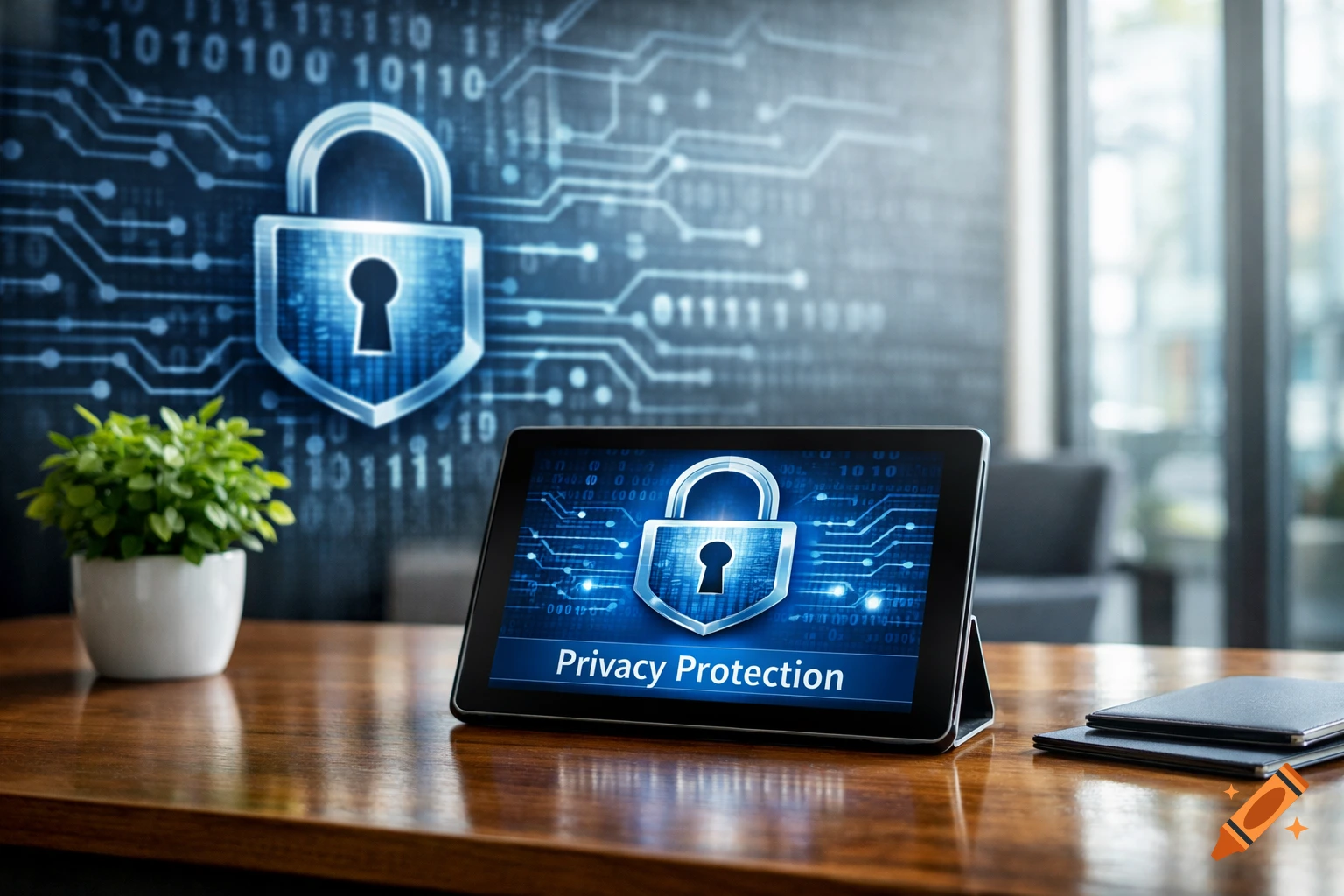 A tablet displaying a shield lock icon and 'Privacy Protection' text on a wooden desk, with a blurred circuit board background.