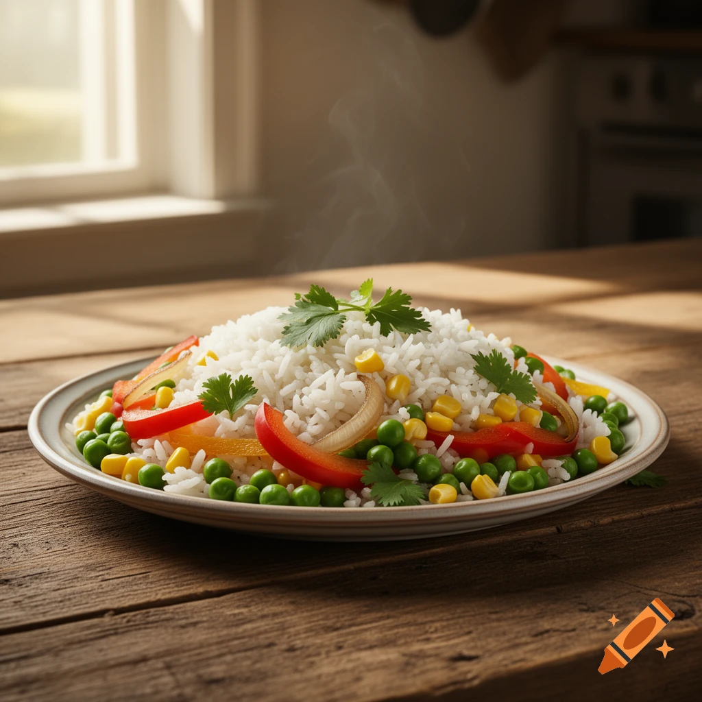 Plate of white rice topped with green peas, corn, red bell pepper, onion, and cilantro on a wooden table, steam rising.