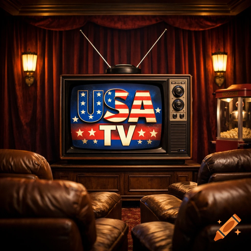 A retro 1980s TV displaying "USA TV" on its screen, set in a luxurious home theater with leather recliners, red curtains, and a popcorn machine.