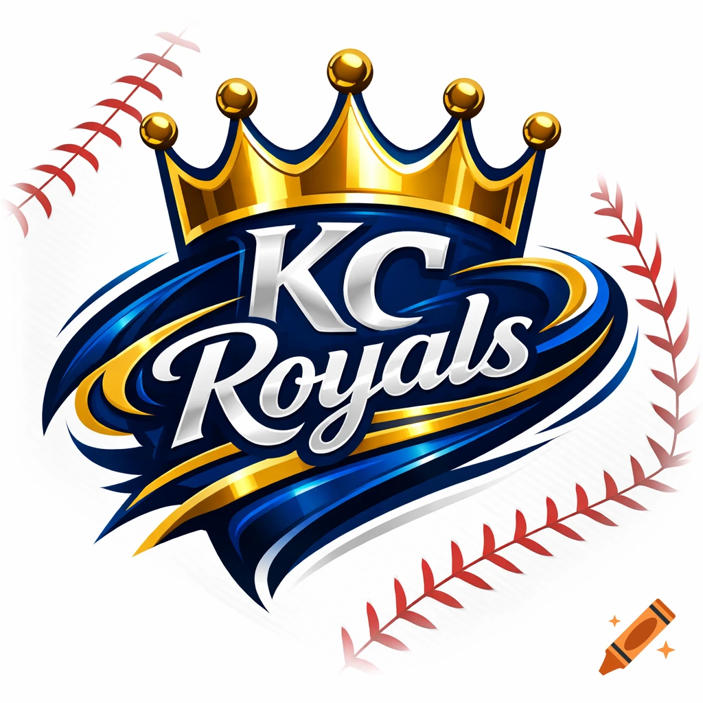 Stylized golden crown atop a blue and gold swirl design with "KC Royals" in white text, flanked by fading red baseball stitches.