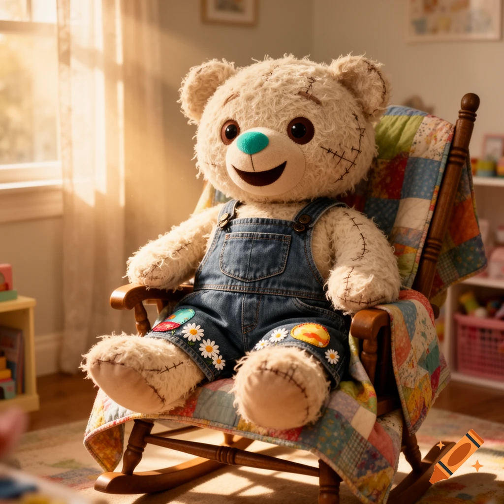 A plush teddy bear with denim overalls and colorful patches sits in a wooden rocking chair in a sunlit child's room.