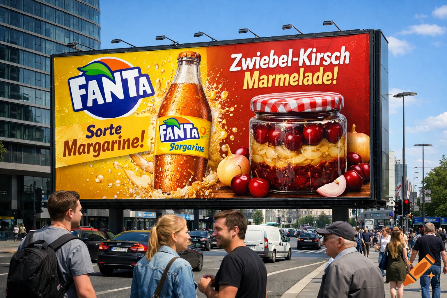 A large billboard on a city street advertises "Fanta Sorten Margarine" with a soda bottle, and "Zwiebel-Kirsch Marmelade" with a jar of cherries and onions. Pedestrians walk below.