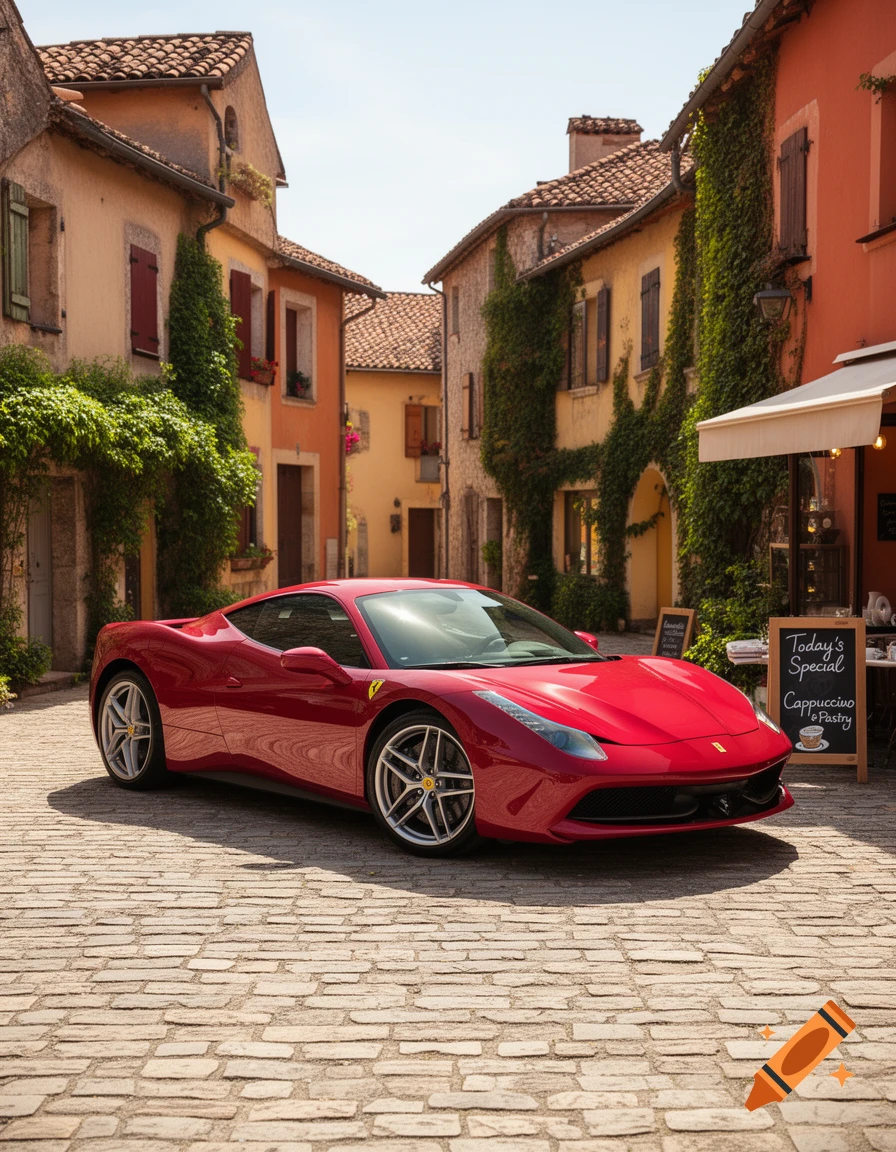 A bright red sports car is parked on a cobblestone street lined with vine-covered buildings in a European town.