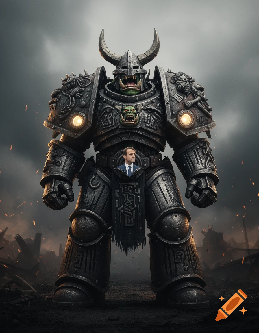A large, heavily armored Ork Warboss, with Emmanuel Macron's head on its chest, stands in a war-torn landscape.
