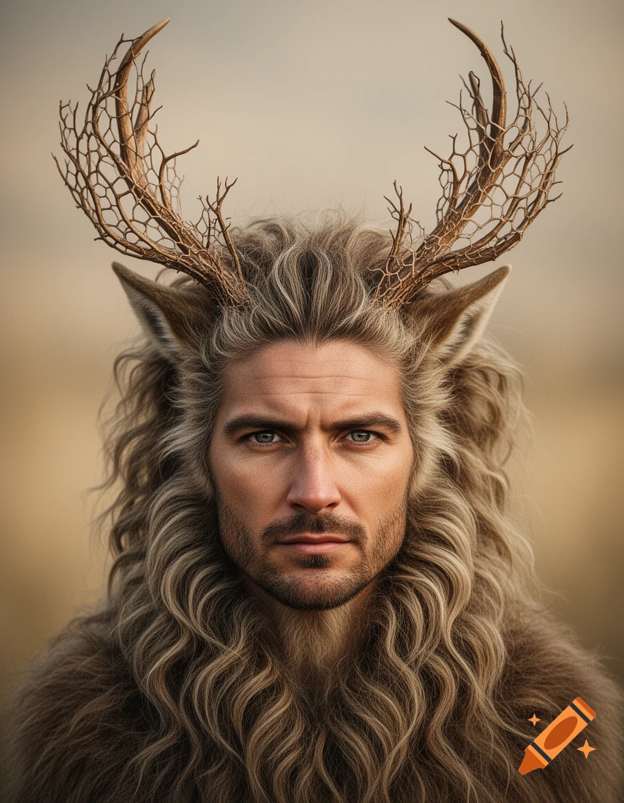 Photorealistic portrait of a man with long blond hair and beard, intricate branch-like antlers, and furry ears, looking intensely at the viewer.