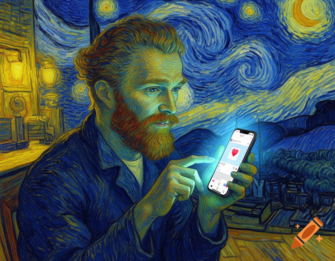 Van Gogh-style painting of the artist holding a glowing smartphone, liking a post, against a Starry Night backdrop.