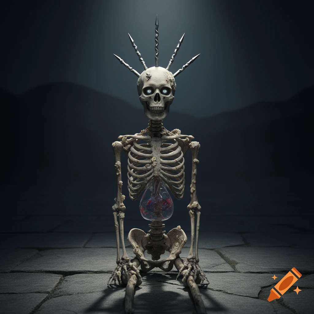A full-body shot of a stylized skeleton with glowing eyes and spikes on its head, sitting on a stone floor in a dark, moody setting.
